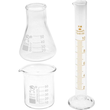 3 st Laboratoriematerial (Glasbägare Mätcylinder och Konisk Flaska)