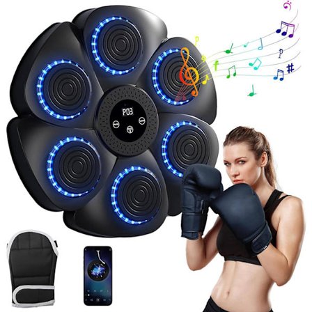 Musikalsk Boksemaskin, Smart Veggmontert Boksemaskin - Bluetooth med Boksehansker for Voksne og Barn, 9 Hastigheter og Nedtellingsmoduser svart