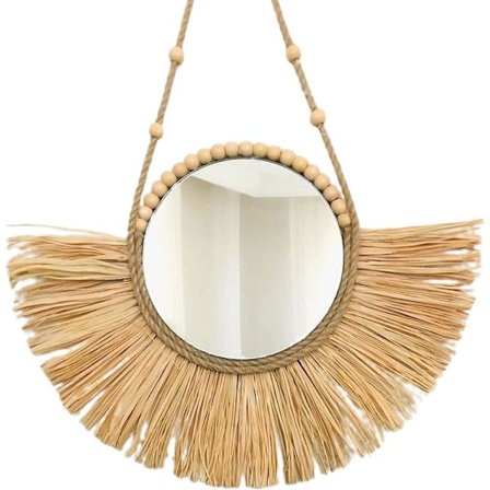 Spejl med hængende reb til vægge, marokkansk strå hængende spejl akryl træperler ornament til lejlighed, stue, soveværelse, sovesal, entre