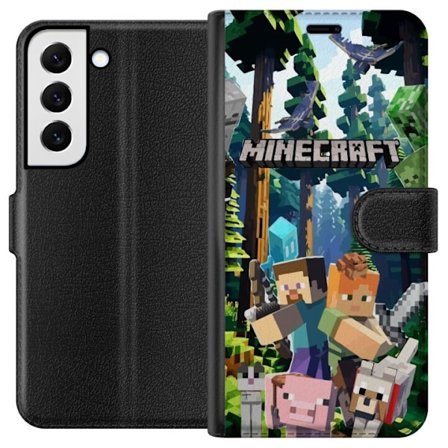 Kompatibelt Lommeboketui til Samsung Galaxy S22 5G Minecraft mobildeksel med skog og figurer i pikselstil