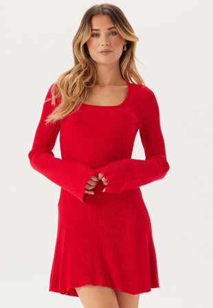 Bubbleroom - Knitted Square Neck Skater Dress - Red - Kläder