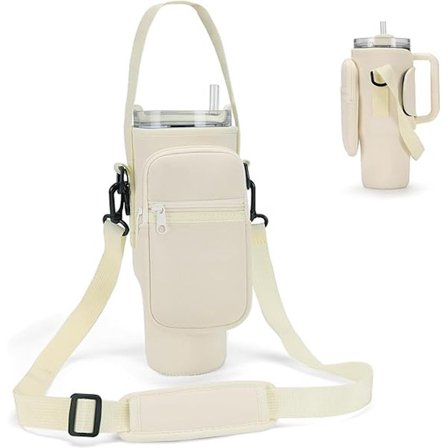 Alt-i-én vandflaskeholder - med skulderrem og telefonlomme - isoleret vandflaskeholder - passer til 1,2 liters vandflasker - råhvid