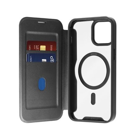 Puro Book Mag Mag MagSafe Nahkakotelo läpällä ja korttipaikka iPhone 16 Plus - Musta
