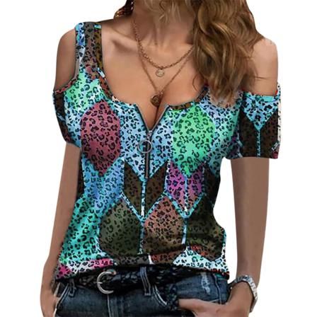 Print Dam Kortärmad Dragkedja Topp Dam Elegant Sexig