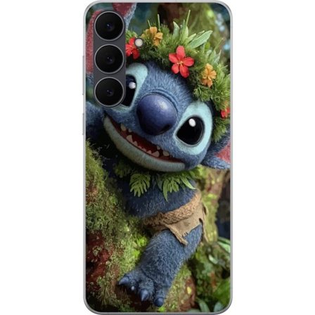 Kompatibelt Mobildeksel til Samsung Galaxy S25 FE Glad blå fantasiskapning med blomsterkrans klatrer lekent i trær, lekent naturmotiv med eventyrfølel