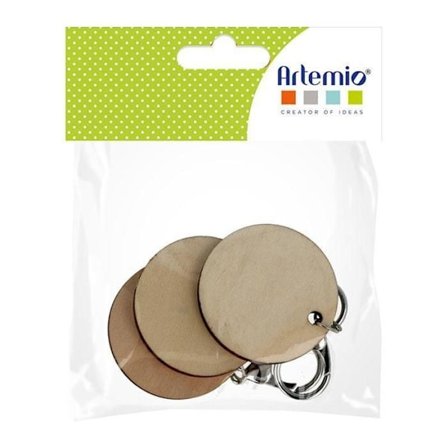 Nyckelring - ARTEMIO - Rund i trä - 5 cm - Beige - 3 st