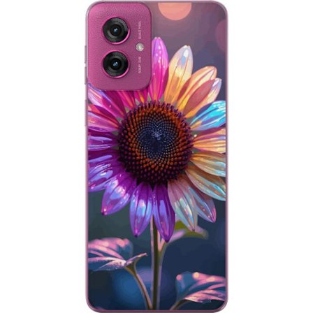 Kompatibelt Mobildeksel til Motorola Moto G55 Irideserende blomst med glitrende kronblad i rosa lilla og gull mot myk bokeh bakgrunn