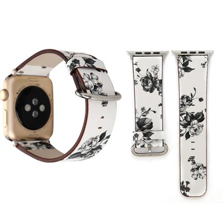Armband För Apple Watch 42/44/45mm - Pu-läder Blommig Vit & Grå