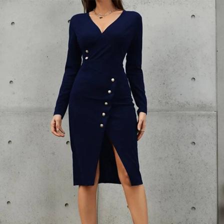 Dam V-ringad Enfärgad Midiklänning Långärmad Bodycon-klänningar