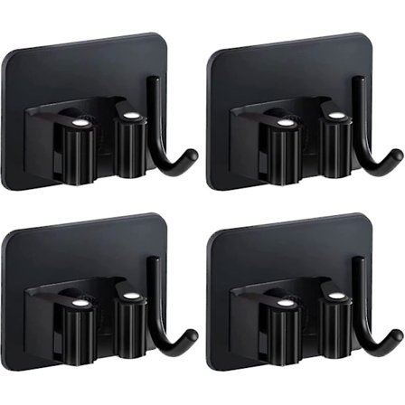 4 stk. dørfejemaskiner, selvklæbende kostophæng til væg uden boring, moppeholder med kroge til køkken, badeværelse, have (sort)