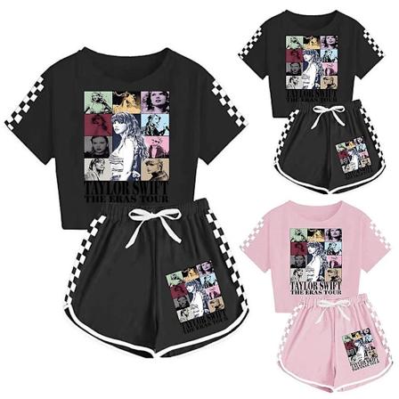 Lasten Taylor Swift The Eras Tour Kesä T-paita Toppi Shortsit Set Tytöt PJs Loungewear Treenipuku Asut [DM] Musta Black 7-8 Years