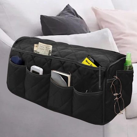 ING Lænestol Støttefod, Vandtæt Sofa Armlæn Opbevaringstaske, Fjernbetjeningsholder, Lænestol Støttefod med 14 Opbevaringsrum (Sort)