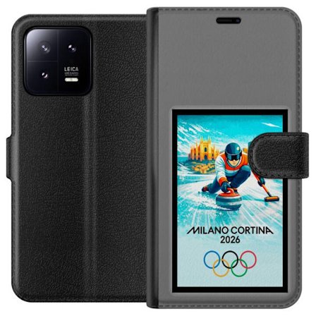 Yhteensopiva Lompakkokotelo Xiaomi 13 Jääkiekkoilukuva, jossa pelaajat liikkuvat jäällä, Milano Cortina 2026, Milanin maamerkit ja olympialaisten renk