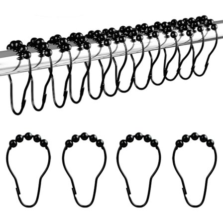 Bruseforhængsringe Sæt med 12 - Bruseforhængskroge i rustfrit stål med glidesystem - Sorte hængeringe 69x39 mm - Rustfrit stål M