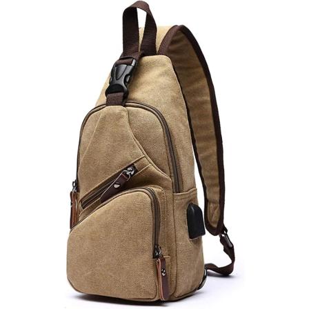 Fashion Herr Bröstväska Canvas Väska Herr Messenger Väska Axelväska Med Usb Crossbody Väska Slungväska För Cykling, Äventyr, Resor Khaki