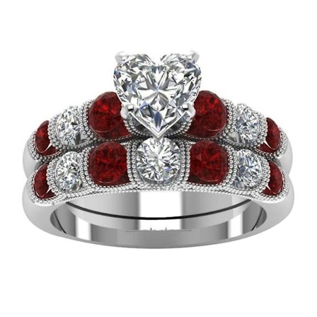 2 st/set Retro Dam Faux Rubin Hjärta Rhinestone Inlagd Finger Ring Smycken Present