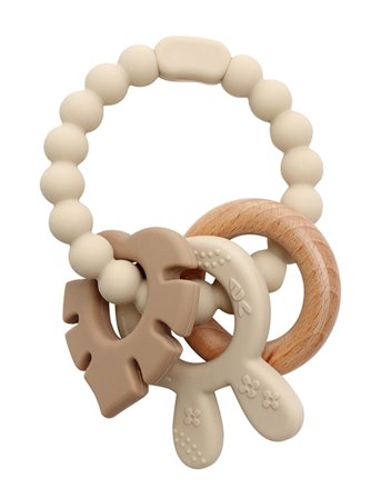 Magni Toys | Teether Bracelet, Silicone With Wooden Ring, Leaves And Bunny-Ears Appendix. Beige, Lfbg Approved | ONE SIZE"