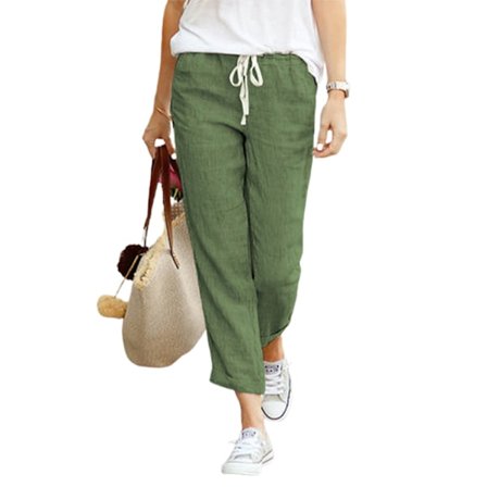 Kvinnors enfärgade lösa Casual Dragsko Elastiska midja byxor green