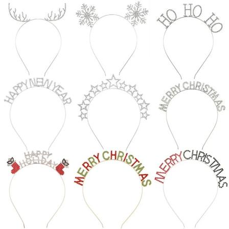 9pcs Christmas Fashion Crystal Tiara Hair Accessories For Women Alloy Antlers Snowflake Merry Christmas Studd Drill band BirthdayGift