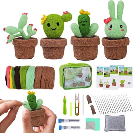 Nåltovningskit för Nybörjare med Förvaringslåda – 4-delars Sött Kaktusset i Ull, Komplett Nåltovning med Nålar, Ull & Tovningsdyna_OF