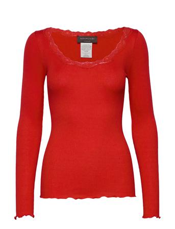 Silk T-Shirt W/ Lace T-shirts & Tops Long-sleeved Rød Rosemunde