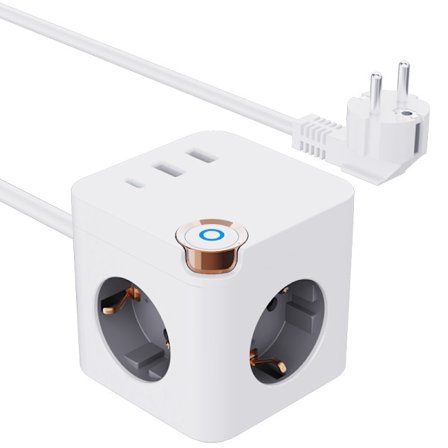 EU-standardipistokesovitin, jatkojohto USB-porteilla, pistorasian jatke