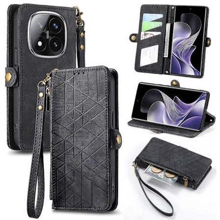 Xiaomi Redmi Note 14 Pro 5G -vetoketjulompakkokotelo geometrisilla linjoilla, nahkaa - Musta