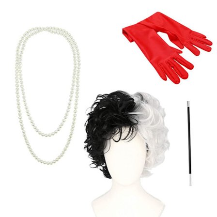 4-delt kort svart og hvit parykk for kvinner, krøllete hår for maskerade, Halloween-fest