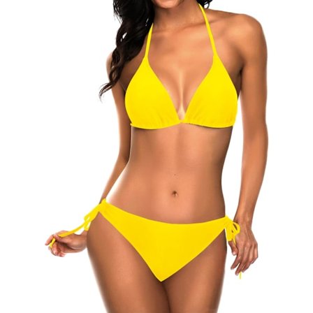 WJSM Dame Triangel Bikini Sett Halter Todelt Sexy Badedrakt String Knyting i Siden Dyp Gul