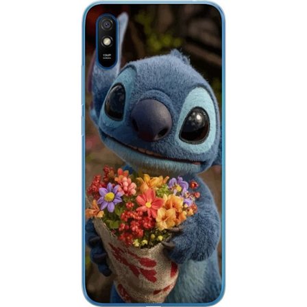 Kompatibel Mobilcover til Xiaomi Xiaomi Redmi 9A Sød blå figur med store øjne, der holder en farverig buket i en varm og kær stil