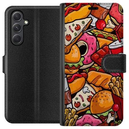 Kompatibelt Lommeboketui til Samsung Samsung Galaxy A35 Fargerikt raskt matkollasj med hamburgere, pommes frites og donuts i en leken gatekunststil me