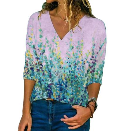 Kvinnor Plant Print T-shirt Toppar V-ringad Långärmad Casual