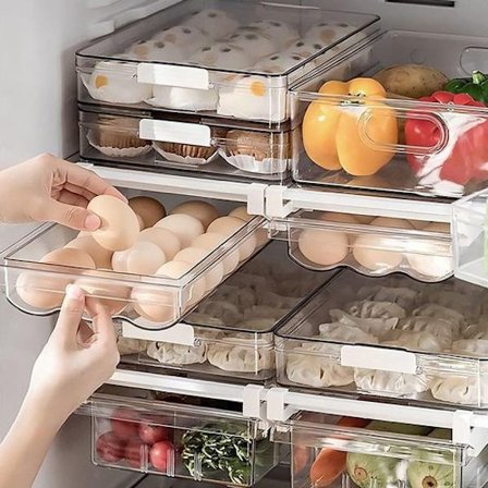 Skuffe - Æggeboks - Æggeholder - Udtrækkelig æggebeholder med glideskinner og håndtag - Æggebakke til køleskab