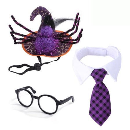 Hund Halloween-kostymer, edderkopp hund trollmannhatt og lilla rutete hund slips KLB