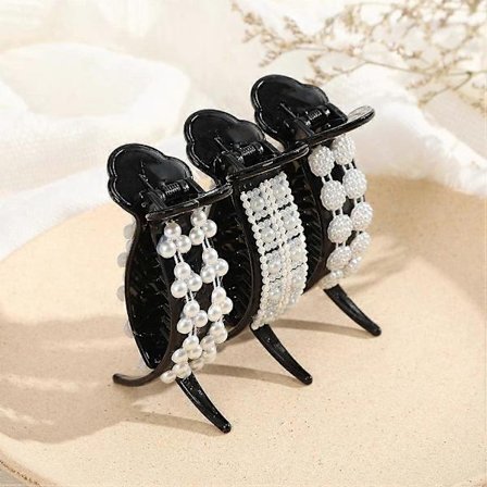 Fransk Hårklämma Pärla Svart 3 Tänder Hästsvanshållare Hårklämma Klor Käke Mode Hållbar Styling Stark Håll o Glidgrepp Håraccessoarer för Kvinnor