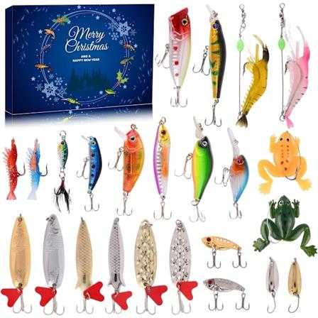 Julekalender for Fiske 2024 - Fiskeutstyrsett, Fiskeutstyr for Voksne Menn og Gutter, Fisketilbehør (24 stk) - Perfekt