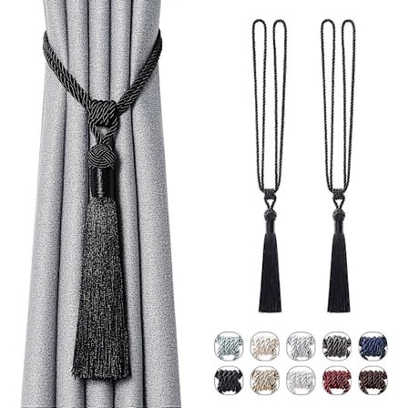 Förpackning med långa gardinomtag med tofsar, dekorativa gardiner i europeisk stil för hem- och kontorsfönstergardiner (Svart)