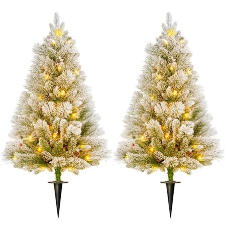 90 cm kunstigt juletræ, sæt med 2 juletræer med 100 LED-lys, 151 grenspidser, flammehæmmende, til julefest, indendørs, grøn+hvid