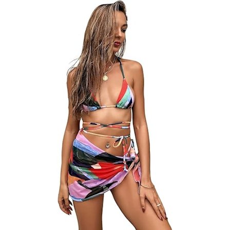 3-delad Tie Dye Bikini Set Baddräkt med Sarong Cover Up Strandkjol