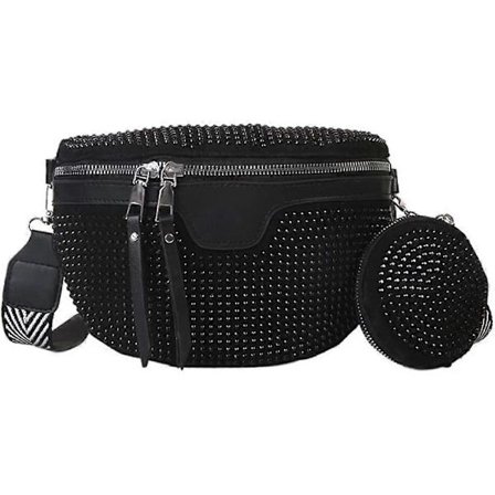 Crossbody Taske Dame Bred Rem, Bæltetaske Dame Læder med Pung, Rhinestone Skinnende Skuldertaske med Aftagelig Skulderrem, Diamant Mobiltelefon Taske