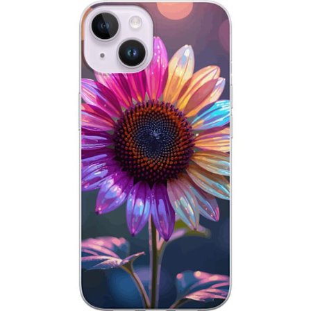 Kompatibelt Mobildeksel til Apple iPhone 14 Irideserende blomst med glitrende kronblad i rosa lilla og gull mot myk bokeh bakgrunn