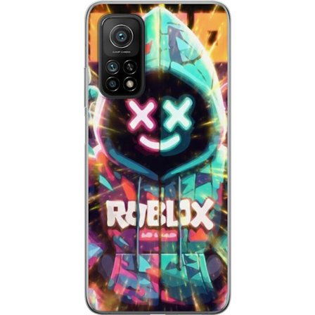 Yhteensopiva Puhelinkuori Xiaomi Xiaomi Mi 10T Pro 5G Neonvärisellä Roblox-hupparihahmolla on hehkuvia efektejä ja energialla täytetty tausta, mod