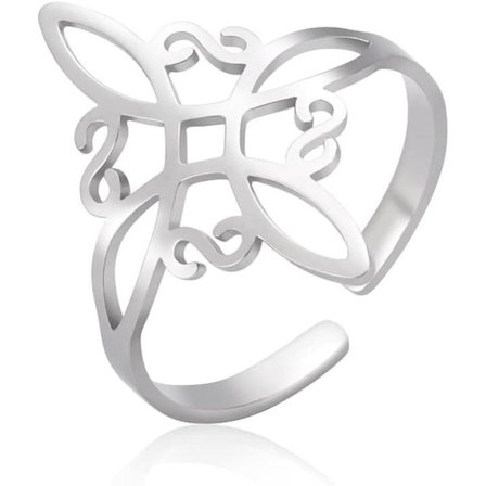 Damering i rustfrit stål med ahornblad, heks og nøgen kvinde, justerbar åben keltisk knude Wiccan heksering i sølv