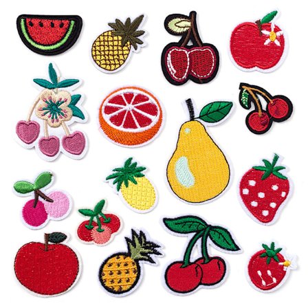 Broderte fruktlapper (sett med 16), søte fruktstrykejern-på/sy på lapp applikasjoner for klær, kjoler, hatter, jeans, DIY-tilbehør