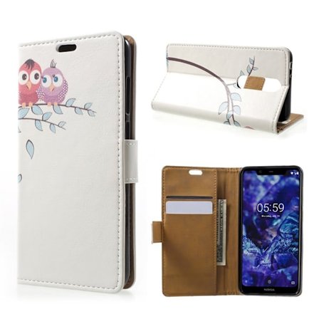 Nokia 5.1 Plus mobilfodral syntetläder silikon plånbok stående - Två ugglor på gren