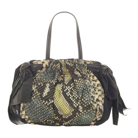 Prada Vintage Pre-owned Python Print Bow Tessuto Håndtaske Sort, Dame Vintage Tasker, Størrelse: ONE Size