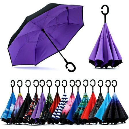 49 tommers omvendt paraply med dobbel baldakin, ekstra stor, vindtett, vanntett paraply med C-formet håndtak.