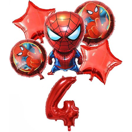6 stk Superhelt Spiderman 4-års Bursdagsdekorasjoner Rød Tall 4 Ballong 32 Tommer | Spiderman Bursdagsballonger (Spiderman 4-års Bursdag)