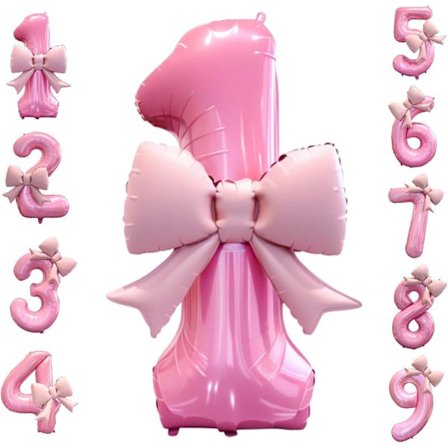 40 inch 0-9 Number Balloon Pink with Bow, Large Foil Balloon for Birthday Decoration
