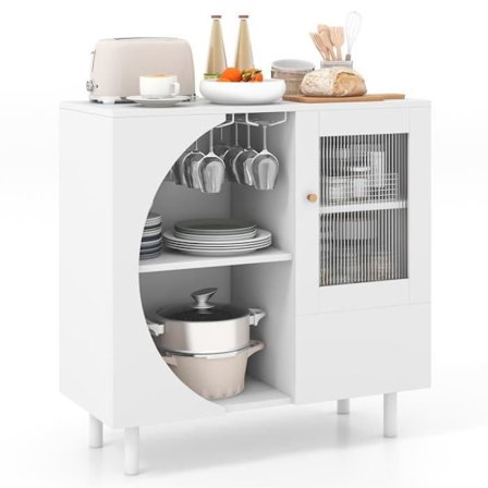 COSTWAY køkkenskænk med 3 åbne låger, åbne hylder og vinglasstativ, til stue, spisestue, 80x30x80cm